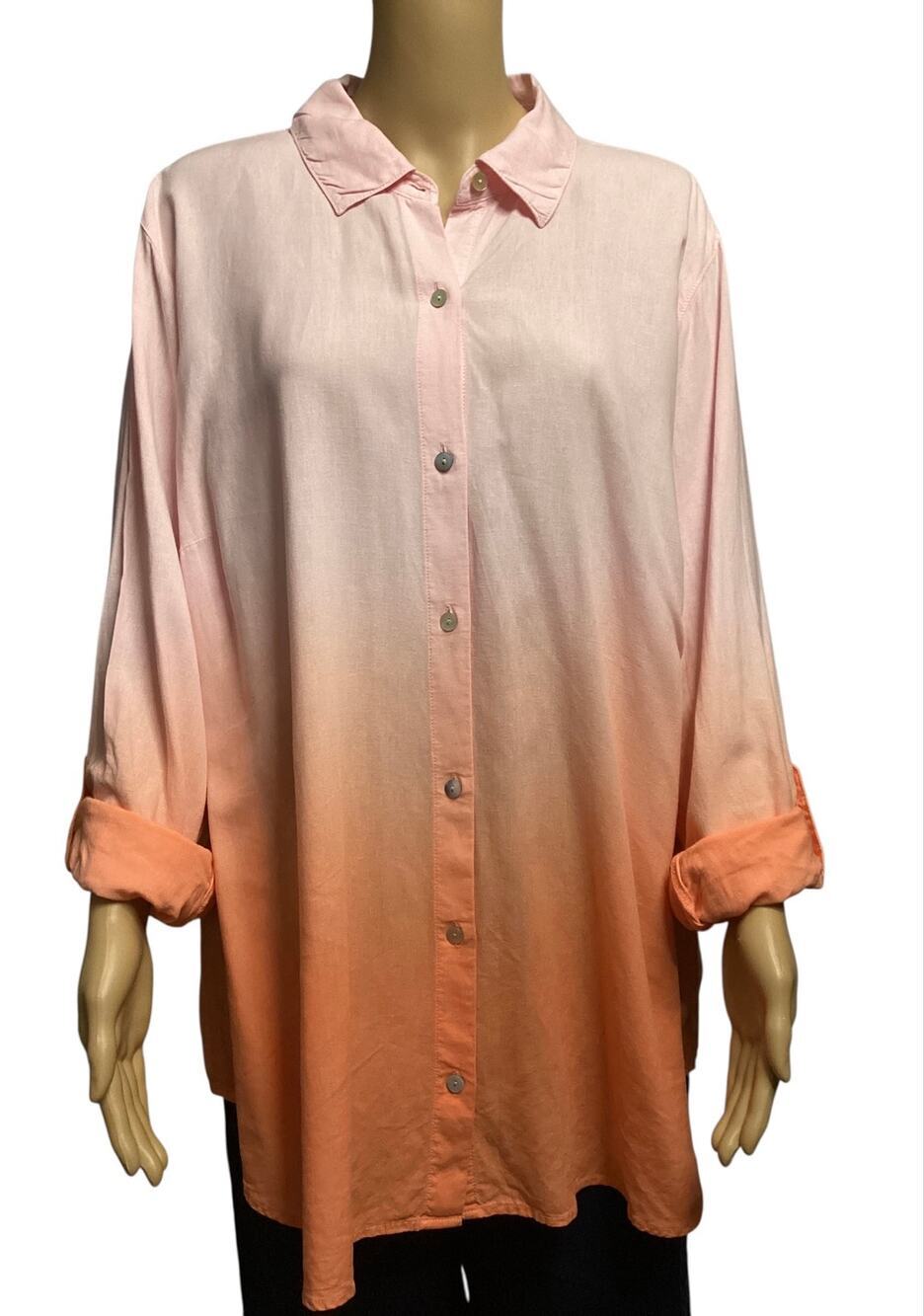 J. Jill Linen Blend Ombre Button Down Shirt Pink Orange Coral Long Sleeve sz XL